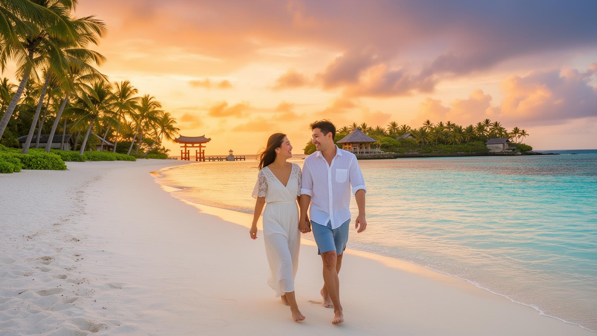 Couple walking on beautiful Okinawa beach at sunset with traditional torii gate
